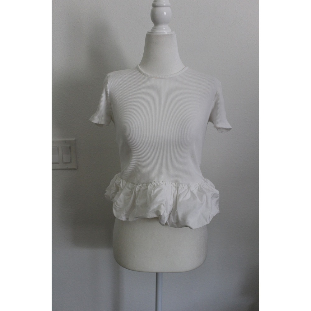 Zara Women White Ribbed Knit Bubble Hem Peplum Top Short Sleeve Small